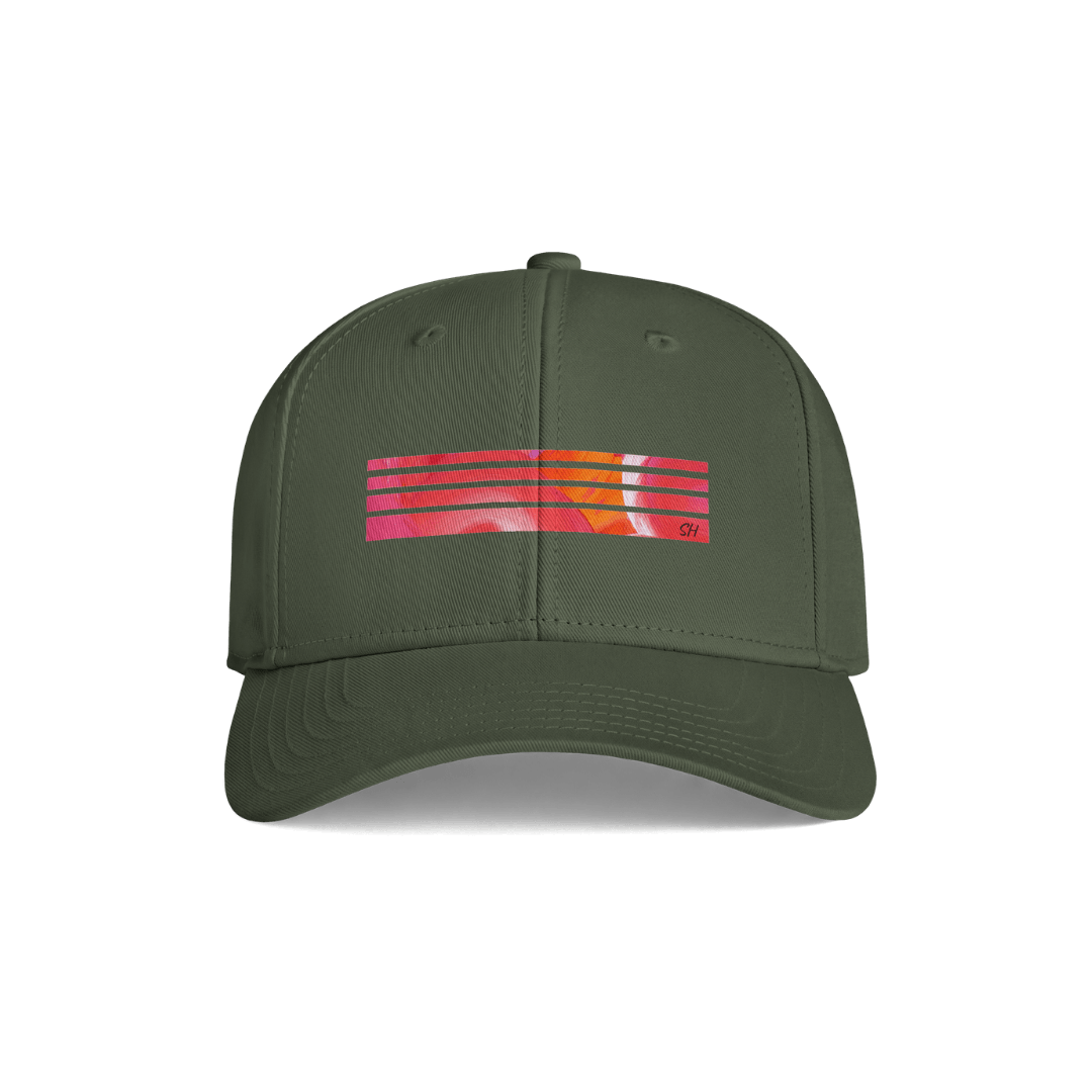 An olive green baseball cap with a colorful horizontal stripe graphic on the front panel, featuring a small red 'GK' logo on the right side of the graphic, shown against a plain white background.