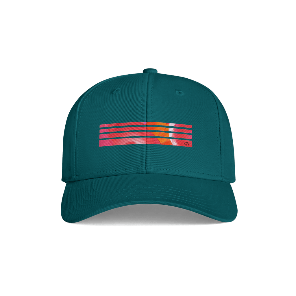 A structured baseball cap in teal green, featuring a horizontal graphic on the front with layered red, orange, and yellow stripes over a white background, with a small red 'dr.'s' logo on the right side of the graphic.