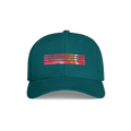 A structured baseball cap in teal green, featuring a horizontal graphic on the front with layered red, orange, and yellow stripes over a white background, with a small red 'dr.'s' logo on the right side of the graphic.