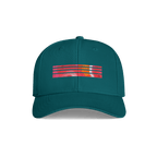 A structured baseball cap in teal green, featuring a horizontal graphic on the front with layered red, orange, and yellow stripes over a white background, with a small red 'dr.'s' logo on the right side of the graphic.