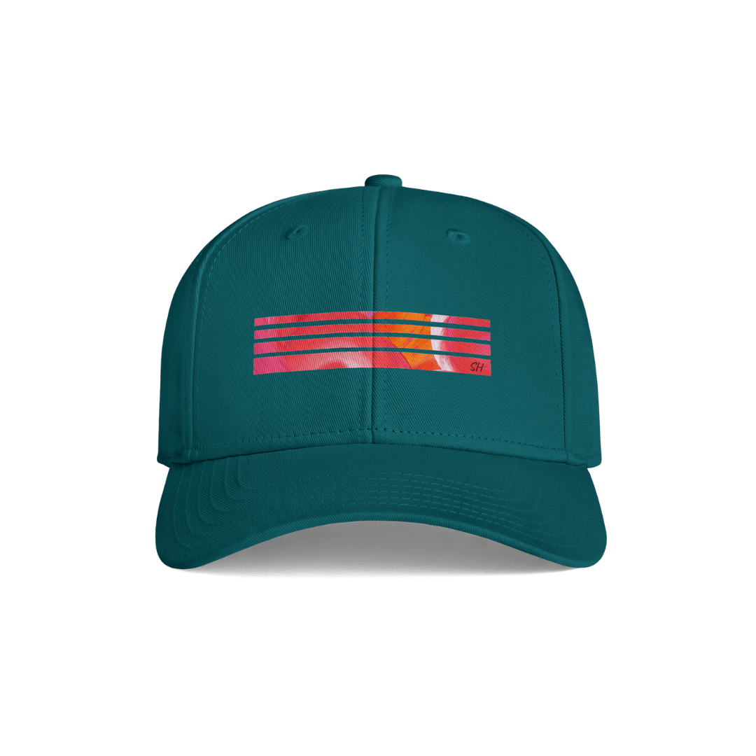 A structured baseball cap in teal green, featuring a horizontal graphic on the front with layered red, orange, and yellow stripes over a white background, with a small red 'dr.'s' logo on the right side of the graphic.