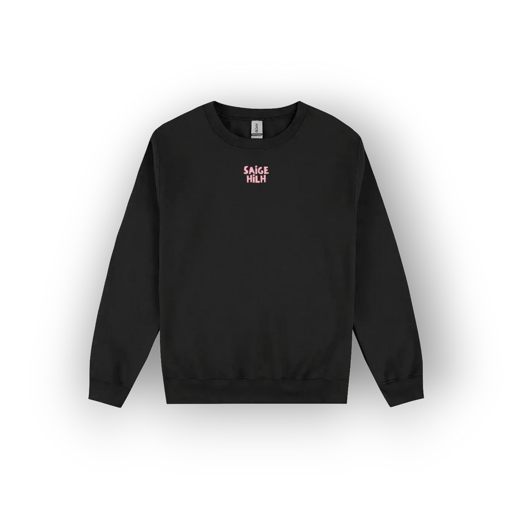 A black crewneck sweatshirt with a small pink graphic text print reading 'SAIGE HILH' on the left chest, displayed on a clean white background.