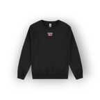 A black crewneck sweatshirt with a small pink graphic text print reading 'SAIGE HILH' on the left chest, displayed on a clean white background.