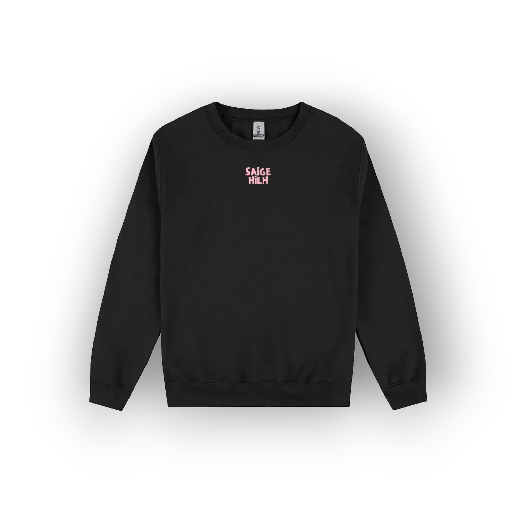 A black crewneck sweatshirt with a small pink graphic text print reading 'SAIGE HILH' on the left chest, displayed on a clean white background.