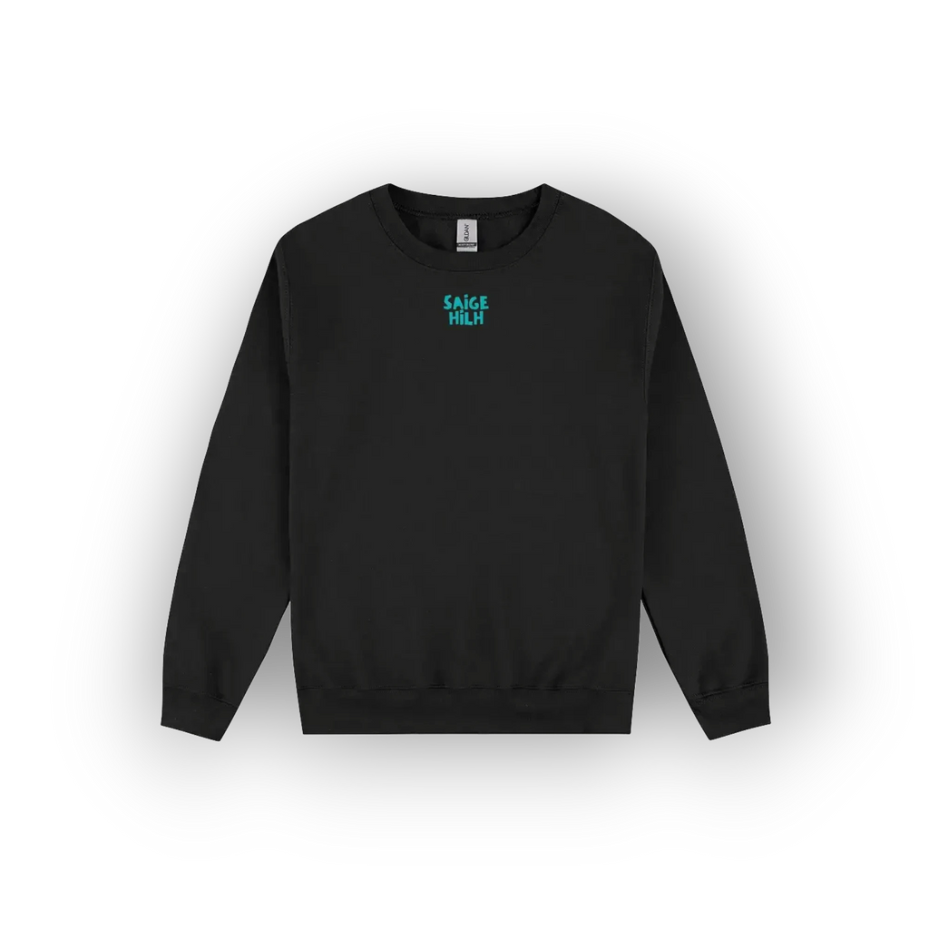 A black crewneck sweatshirt with a small teal graphic on the left chest reading 'SAIGE HILH', displayed against a clean white background.