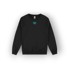 A black crewneck sweatshirt with a small teal graphic on the left chest reading 'SAIGE HILH', displayed against a clean white background.