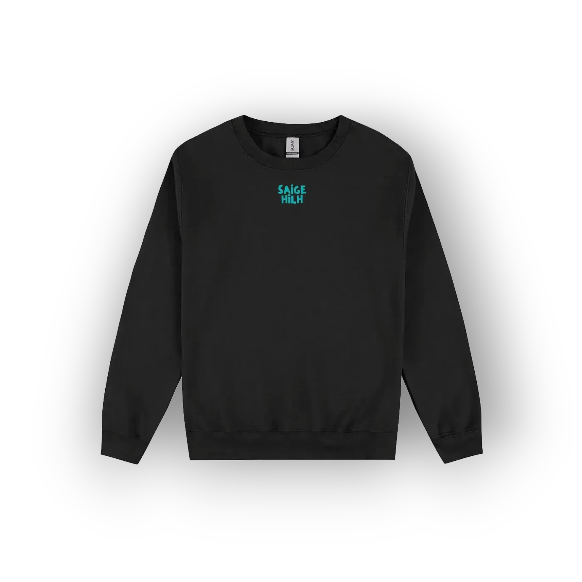 A black crewneck sweatshirt with a small teal graphic on the left chest reading 'SAIGE HILH', displayed against a clean white background.