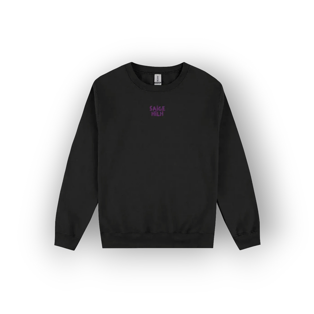 A black crewneck sweatshirt with a small purple graphic text print on the left chest, displayed on a clean white background with a soft drop shadow.