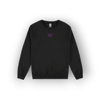 A black crewneck sweatshirt with a small purple graphic text print on the left chest, displayed on a clean white background with a soft drop shadow.