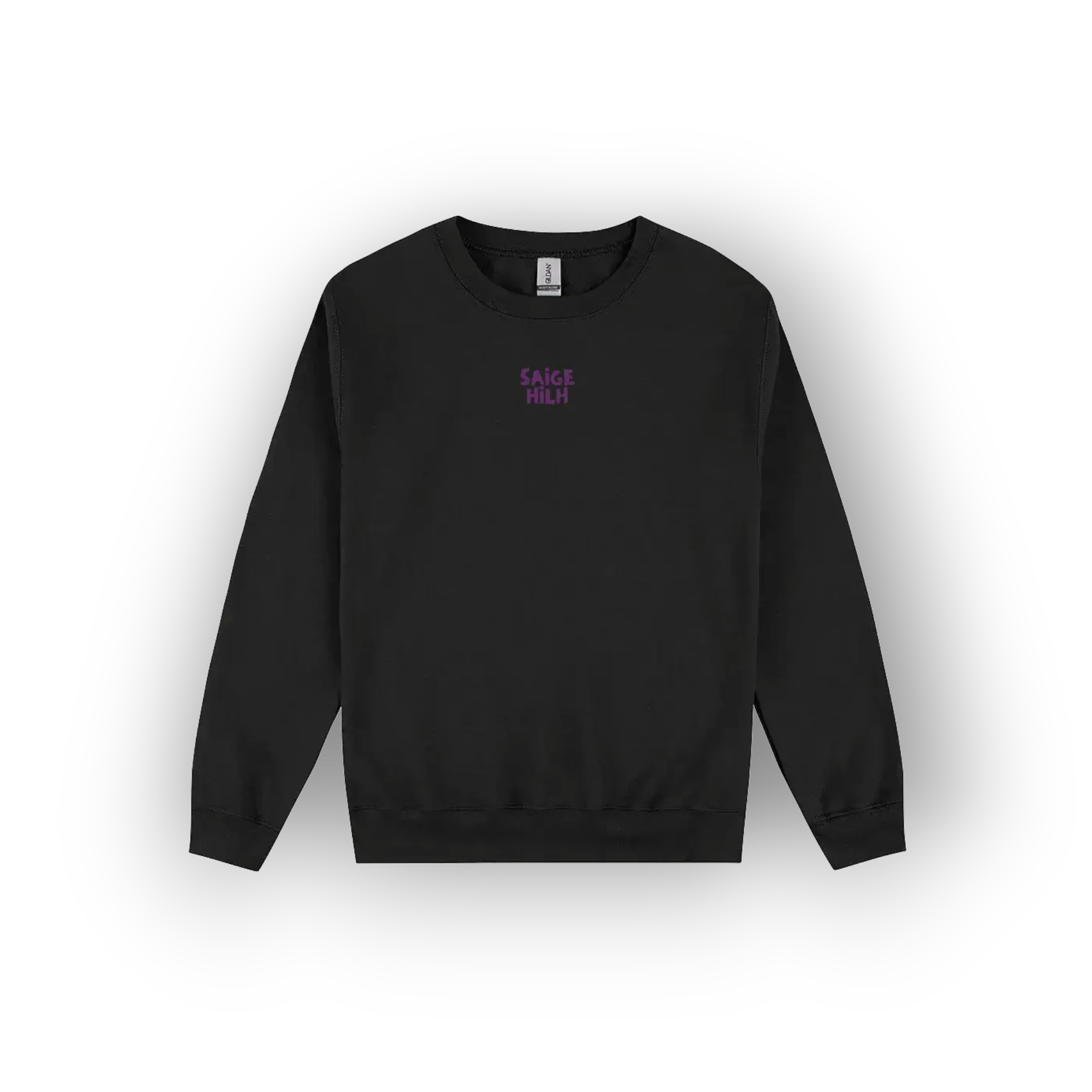 A black crewneck sweatshirt with a small purple graphic text print on the left chest, displayed on a clean white background with a soft drop shadow.