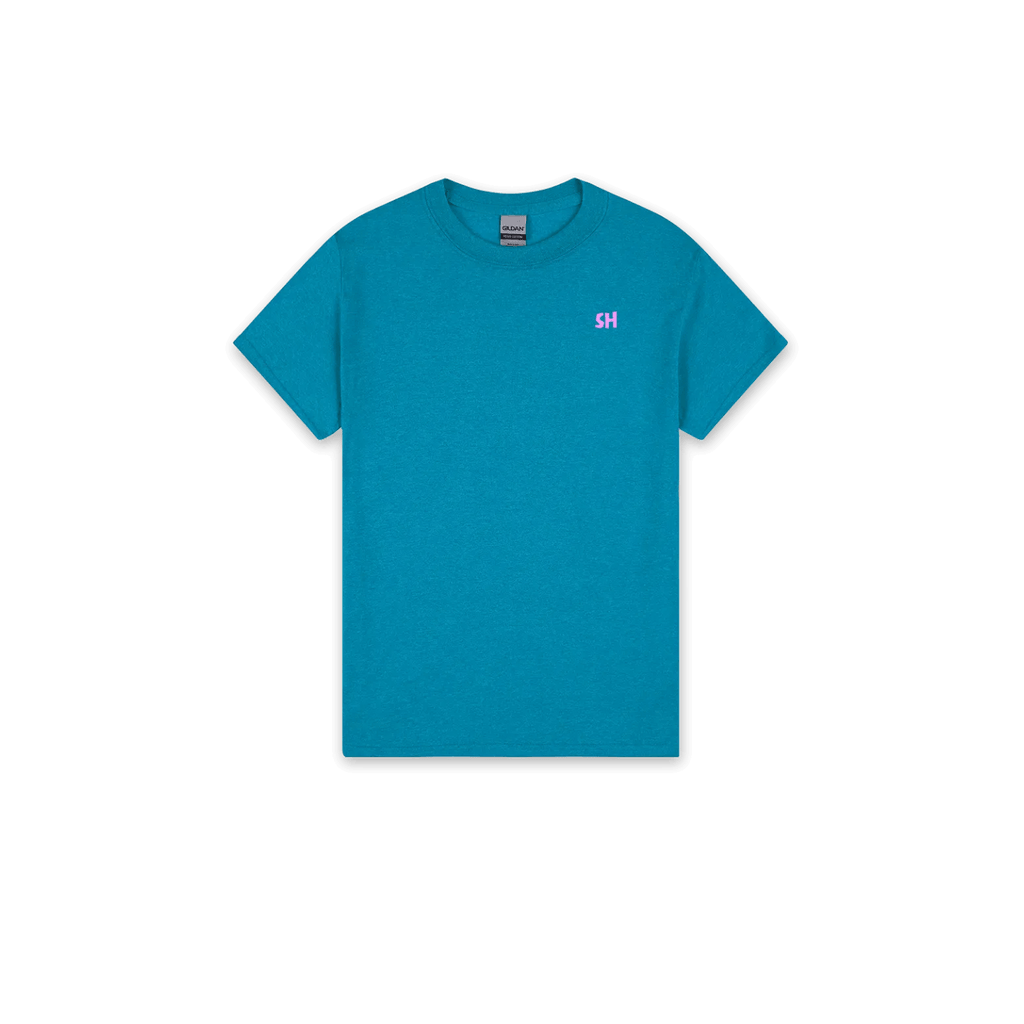 A teal blue short-sleeve crewneck t-shirt with a small pink 'SH' logo on the left chest, displayed flat against a solid white background.