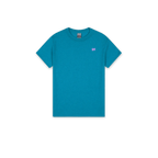 A teal blue short-sleeve crewneck t-shirt with a small pink 'SH' logo on the left chest, displayed flat against a solid white background.
