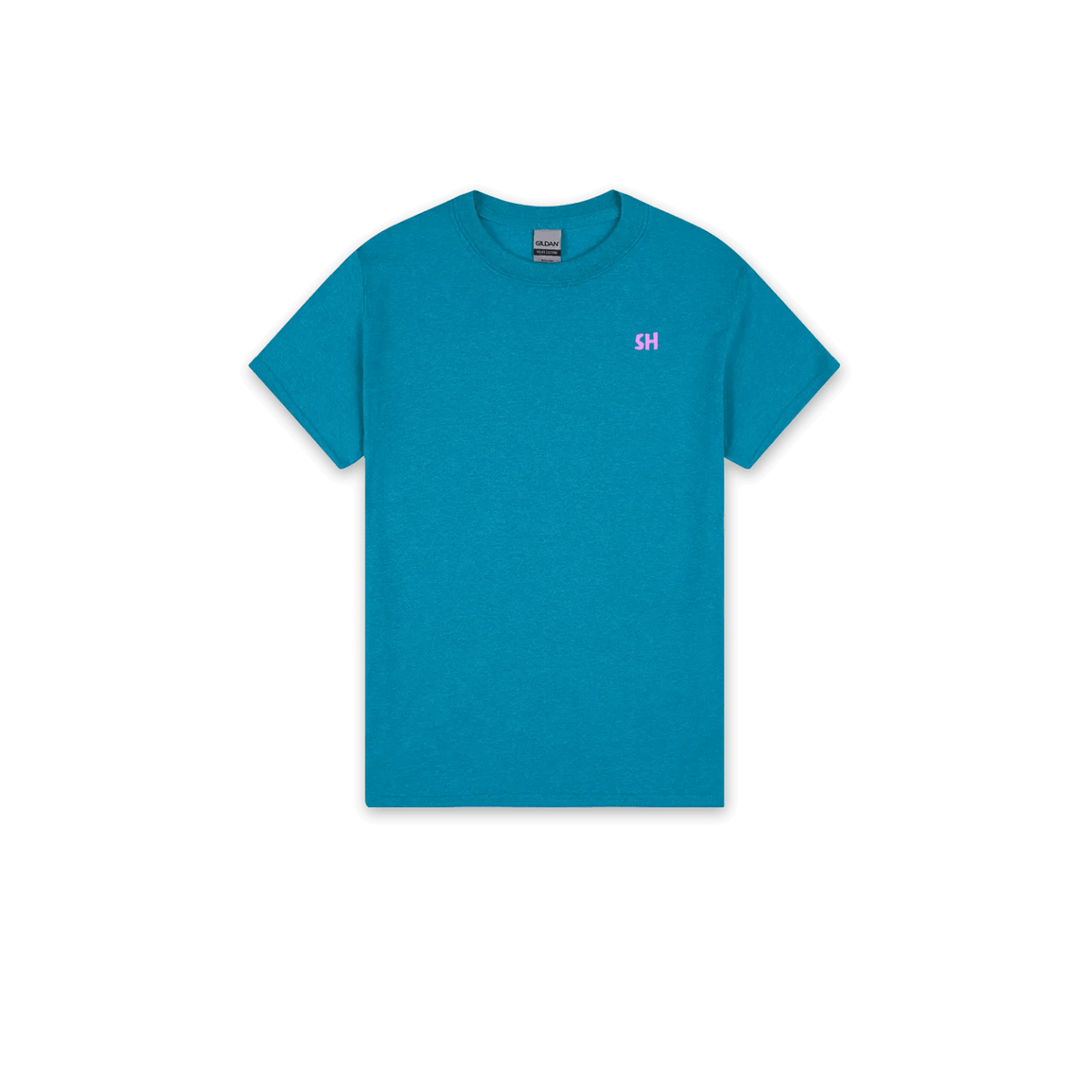 A teal blue short-sleeve crewneck t-shirt with a small pink 'SH' logo on the left chest, displayed flat against a solid white background.