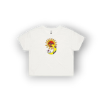 A white short-sleeve crop top t-shirt featuring an original artist designed  colourful graphic print on the chest of a sun, a crescent moon, and a red heart.