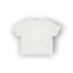 A white short-sleeve crop top t-shirt with a small pink heart and flower graphic on the upper chest, displayed against a clean white background with a soft drop shadow.