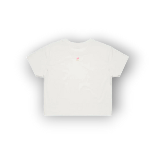 A white short-sleeve crop top t-shirt with a small pink heart and flower graphic on the upper chest, displayed against a clean white background with a soft drop shadow.