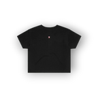 A black short-sleeve crop top t-shirt with a small pink heart graphic and text on the left chest, displayed on a clean white background with a soft drop shadow.
