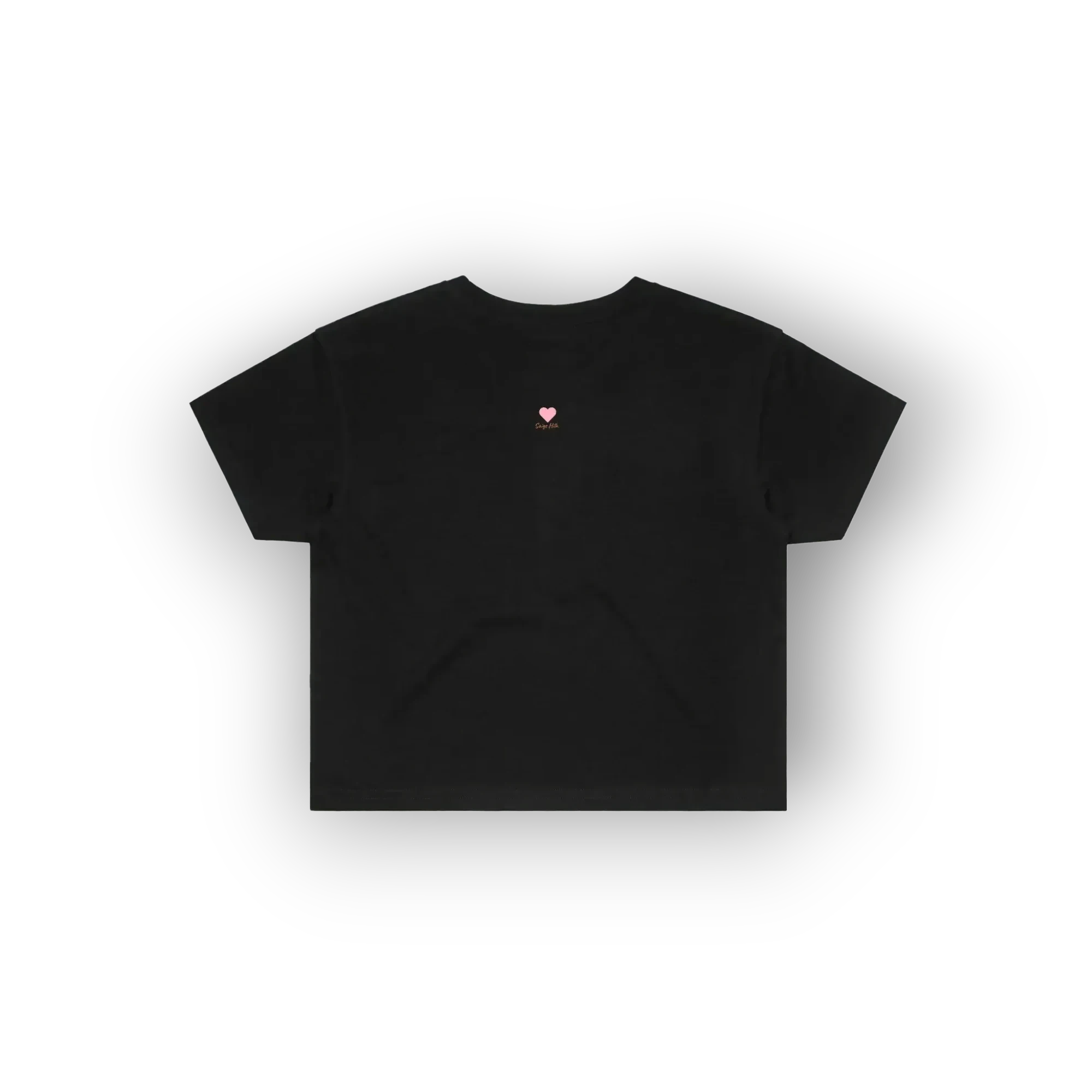 A black short-sleeve crop top t-shirt with a small pink heart graphic and text on the left chest, displayed on a clean white background with a soft drop shadow.
