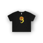 A black short-sleeve t-shirt with an original artist designed graphic of a yellow crescent moon and sun in the center, displayed on a clean white background.
