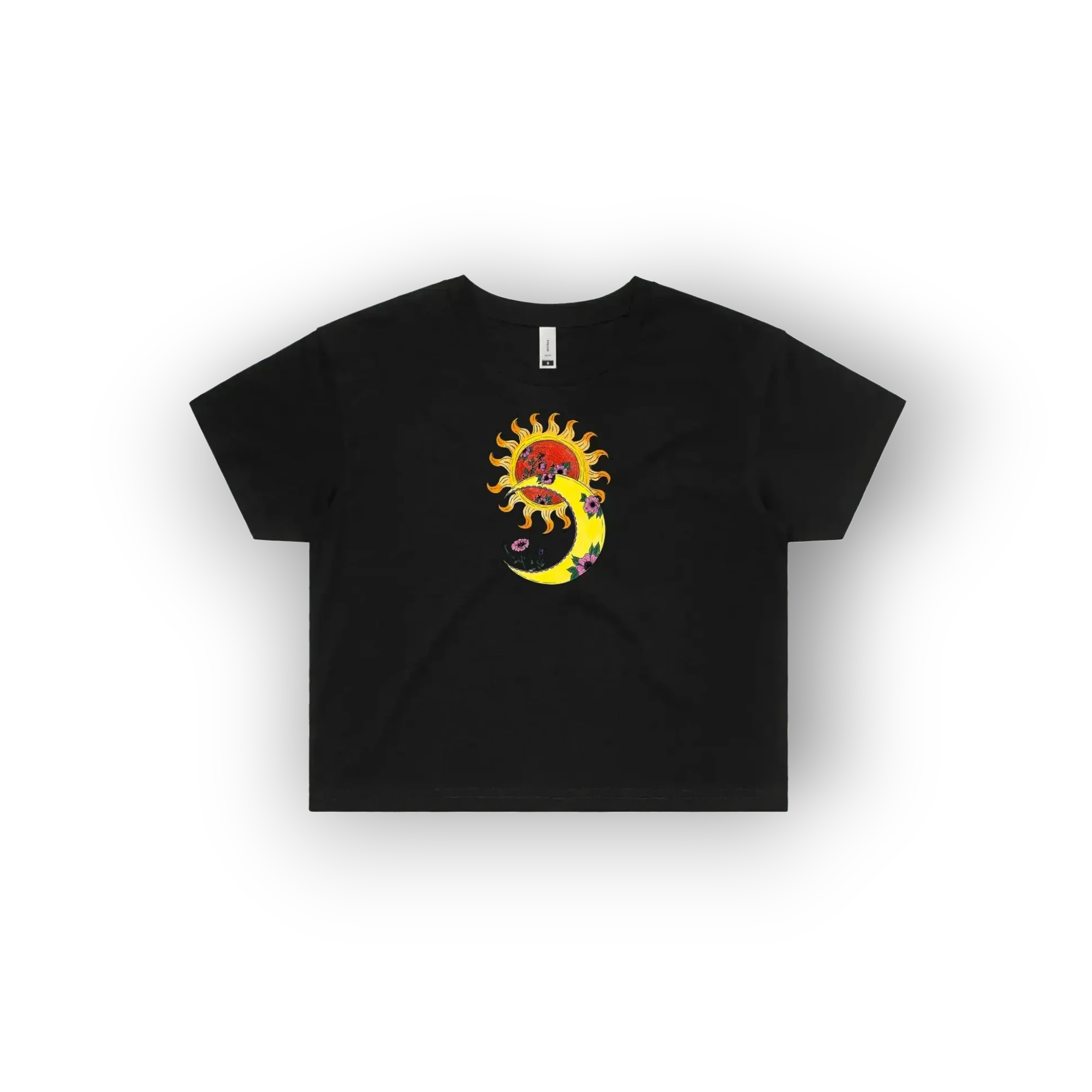 A black short-sleeve t-shirt with an original artist designed graphic of a yellow crescent moon and sun in the center, displayed on a clean white background.