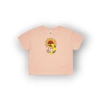 A light peach-pink short-sleeve t-shirt with an original artist designed colourful graphic of a sun and crescent moon on the chest, displayed on a clean white background.
