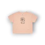 A light peach-pink short-sleeve t-shirt with a central graphic of a stylized dragon on a crescent moon, displayed on a clean white background.