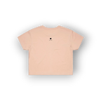 A light peach-pink short-sleeve t-shirt with a small black heart and 'love' text printed on the center chest, displayed against a clean white background.