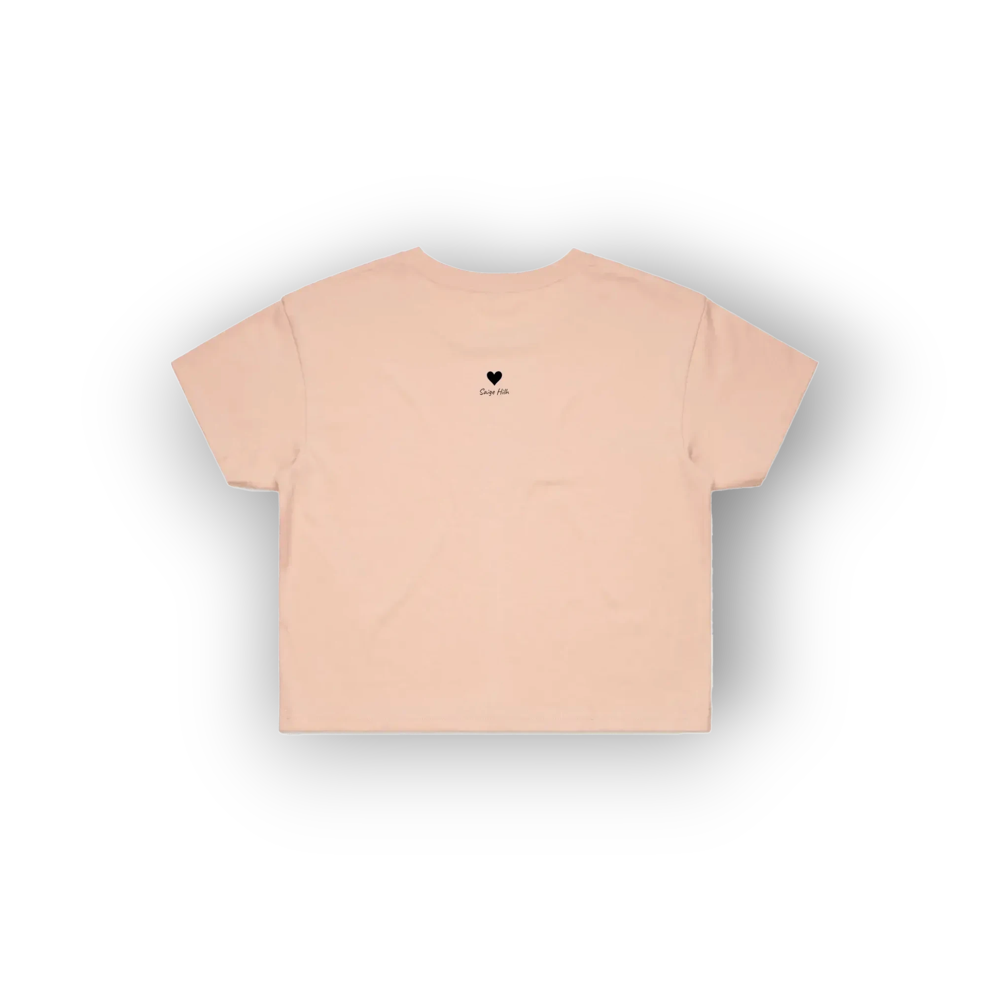 A light peach-pink short-sleeve t-shirt with a small black heart and 'love' text printed on the center chest, displayed against a clean white background.