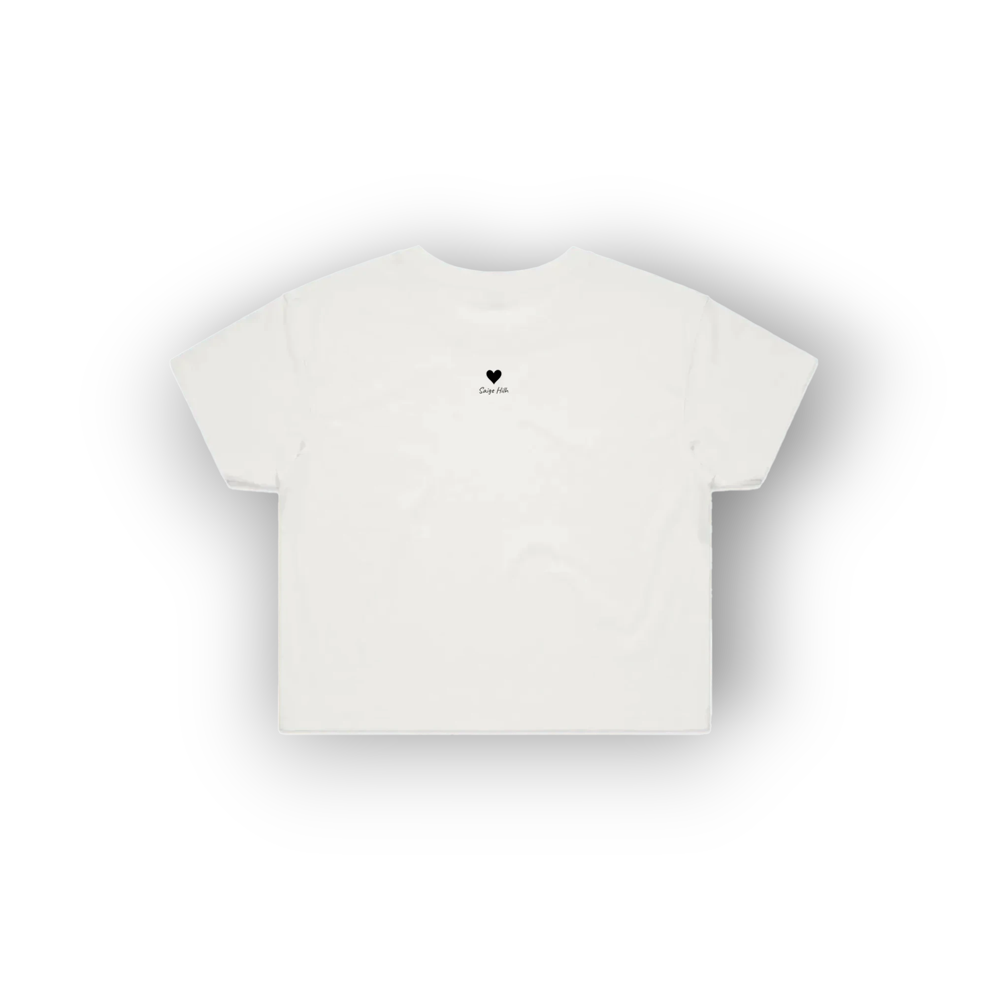 A white short-sleeve crop top t-shirt with a small pink heart and flower graphic on the upper chest, displayed against a clean white background with a soft drop shadow.