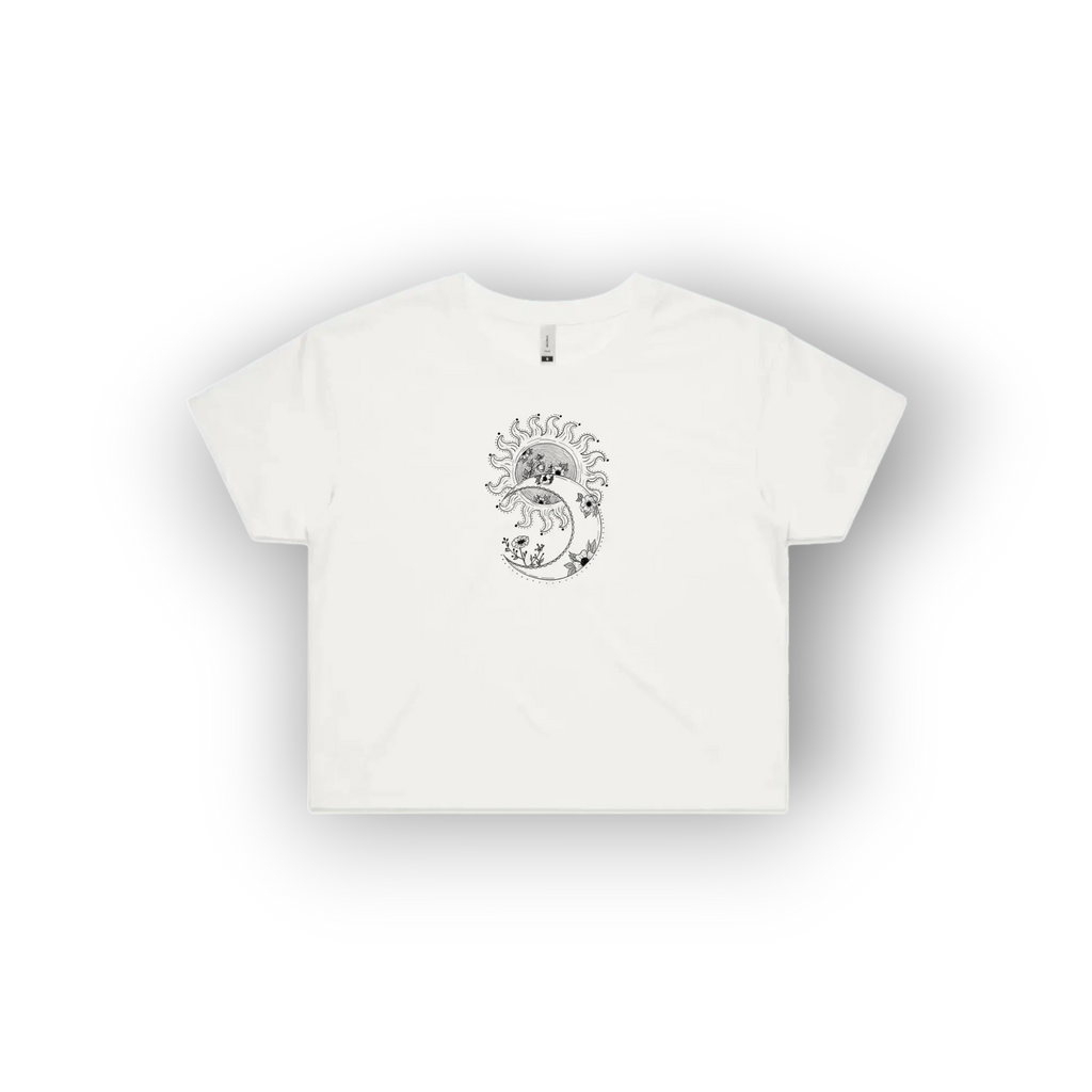 A white short-sleeve crewneck t-shirt with a black line art graphic of a lion and sun on the chest, displayed on a clean white background with a soft drop shadow.