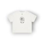 A white short-sleeve crewneck t-shirt with a black line art graphic of a lion and sun on the chest, displayed on a clean white background with a soft drop shadow.