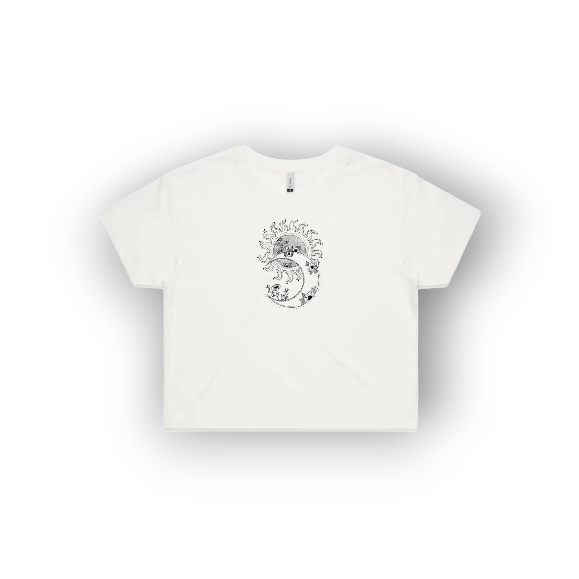 A white short-sleeve crewneck t-shirt with a black line art graphic of a lion and sun on the chest, displayed on a clean white background with a soft drop shadow.