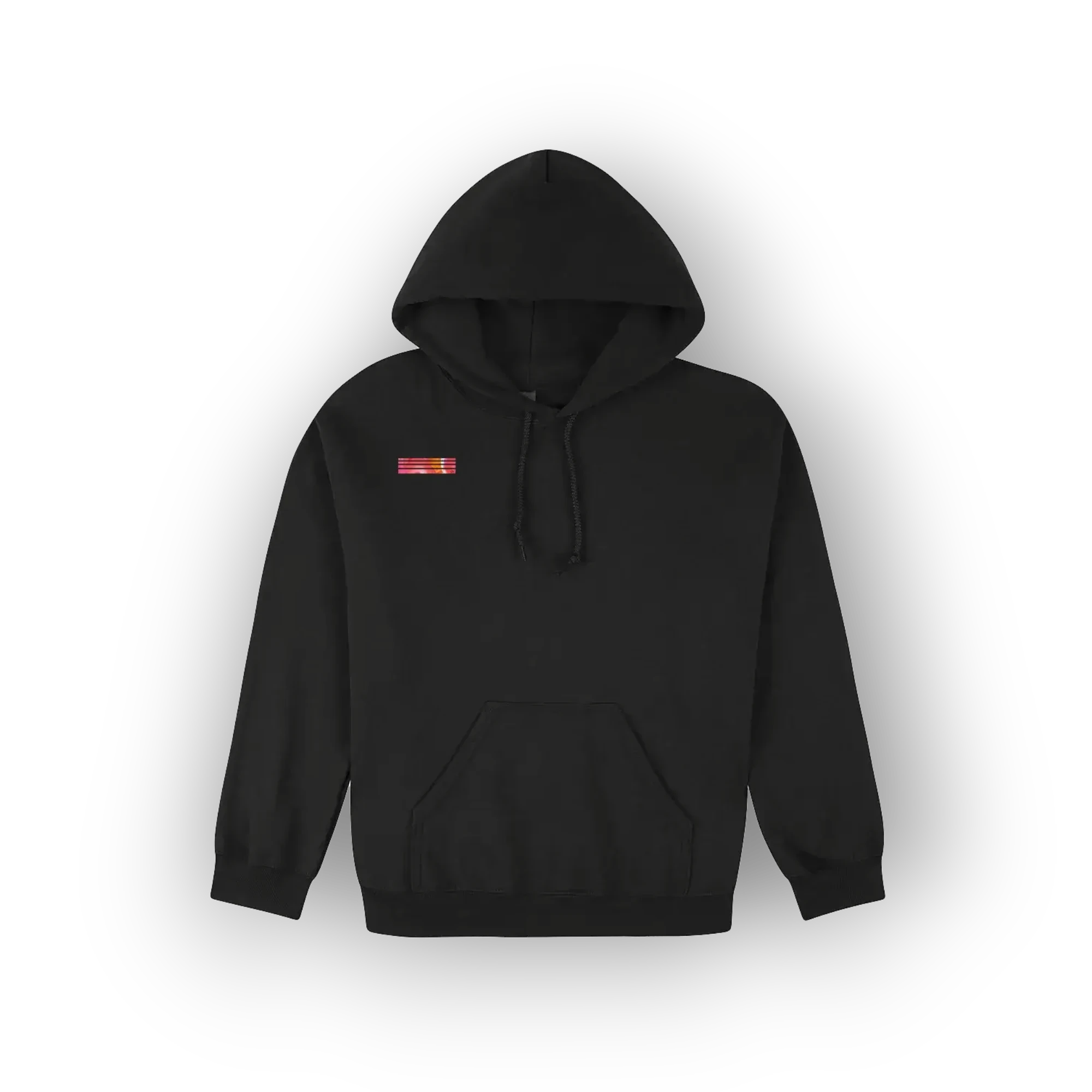 A black pullover hoodie with a small red and yellow rectangular patch on the left chest, displayed against a clean white background with a soft drop shadow.