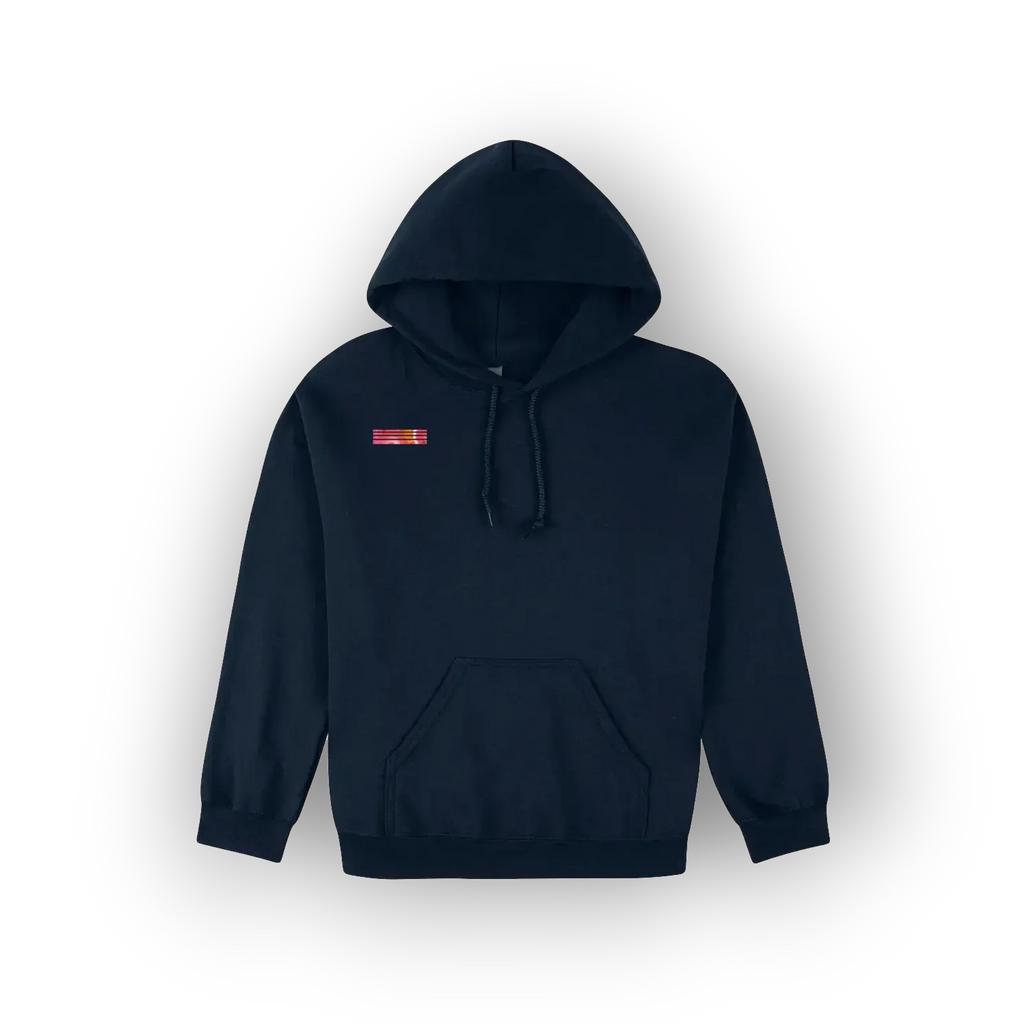 A navy blue pullover hoodie with a small red and yellow embroidered chest patch, displayed against a clean white background with a soft drop shadow.