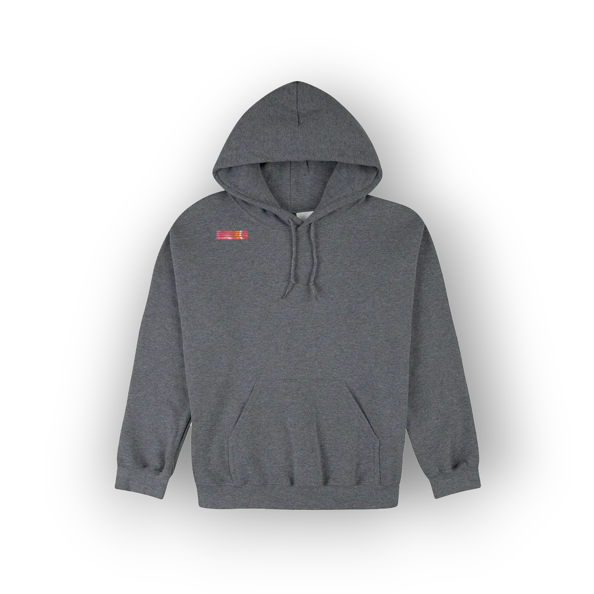 A dark gray heather pullover hoodie with a small red and yellow rectangular patch on the left chest, displayed against a white background with a soft drop shadow.