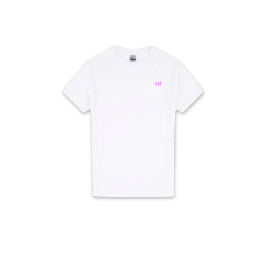 A white short-sleeve crewneck t-shirt with a small pink 'SH' logo printed on the left chest, displayed flat against a solid white background.