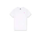 A white short-sleeve crewneck t-shirt with a small pink 'SH' logo printed on the left chest, displayed flat against a solid white background.
