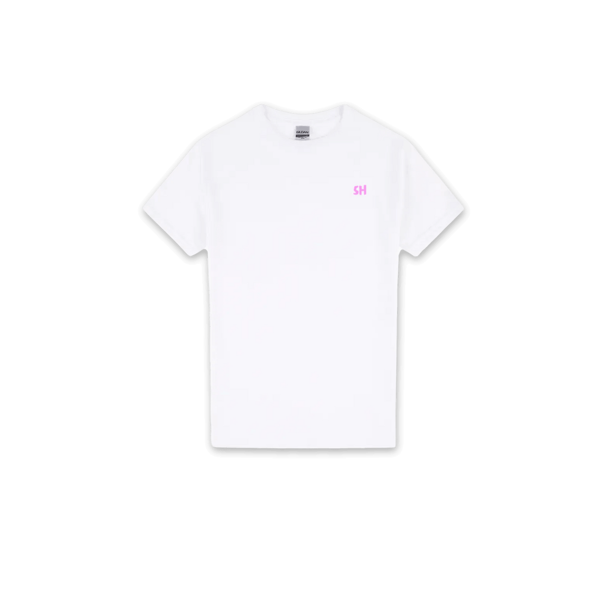 A white short-sleeve crewneck t-shirt with a small pink 'SH' logo printed on the left chest, displayed flat against a solid white background.