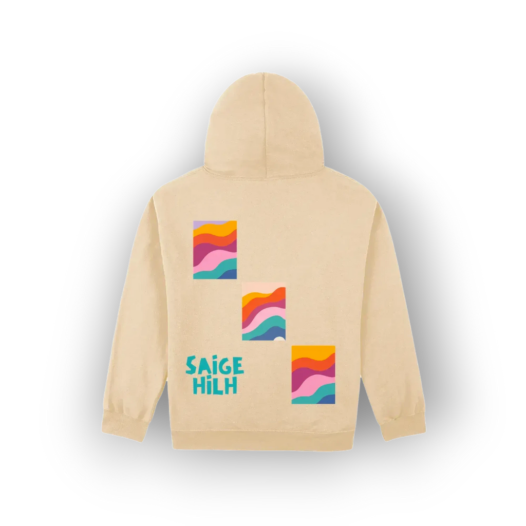 A beige hoodie shown from the back, featuring three colorful retro wavy graphic squares and the text 'SAIGE HILH' in teal on the back.