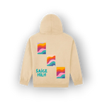 A beige hoodie shown from the back, featuring three colorful retro wavy graphic squares and the text 'SAIGE HILH' in teal on the back.