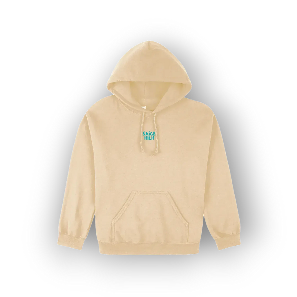 A light beige pullover hoodie with a small green graphic text on the left chest, displayed on a clean white background with a soft drop shadow.