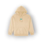 A light beige pullover hoodie with a small green graphic text on the left chest, displayed on a clean white background with a soft drop shadow.