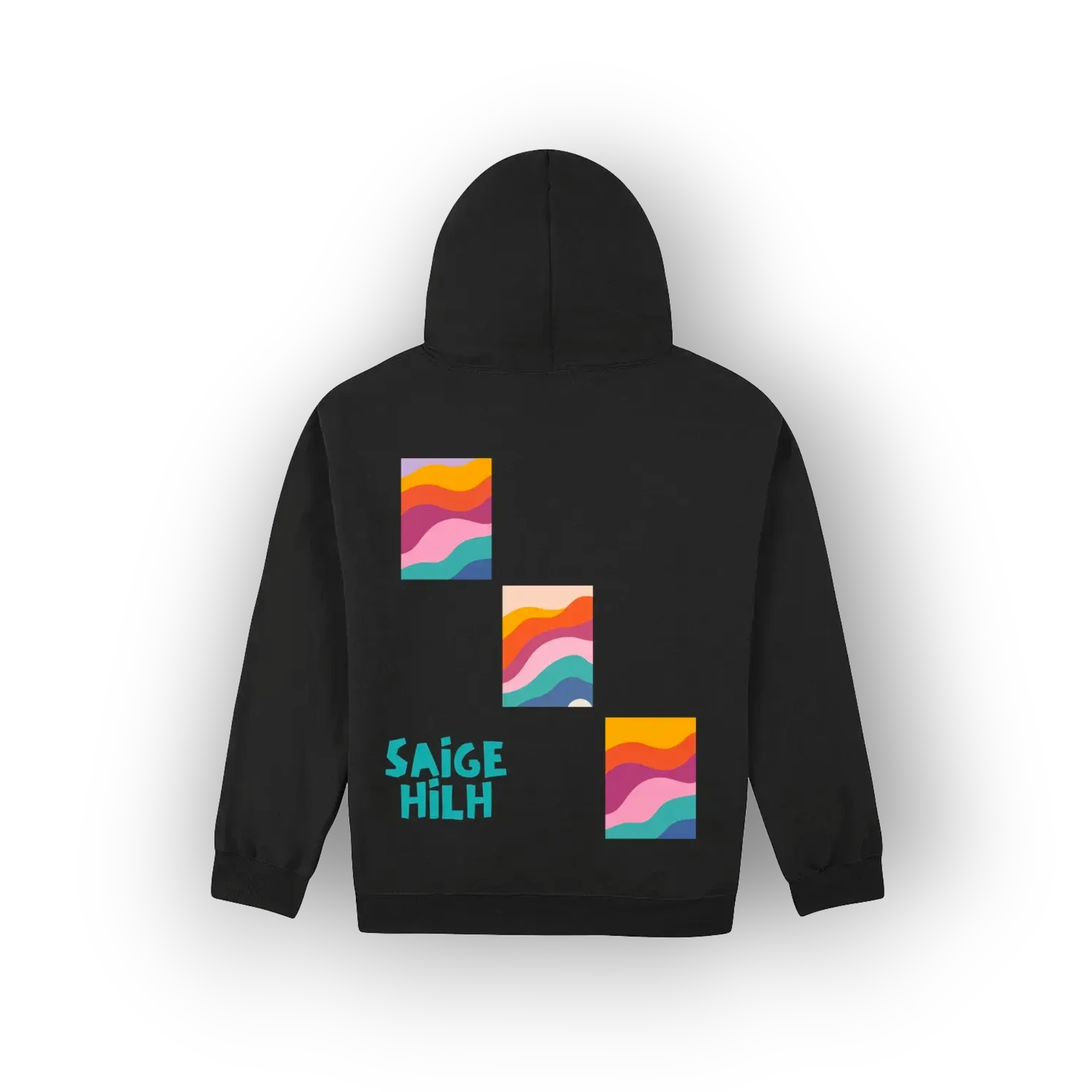 A black hoodie shown from the back, featuring three colorful retro wavy square graphics and the text 'SAIGE HILH' in teal, displayed on a clean white background.