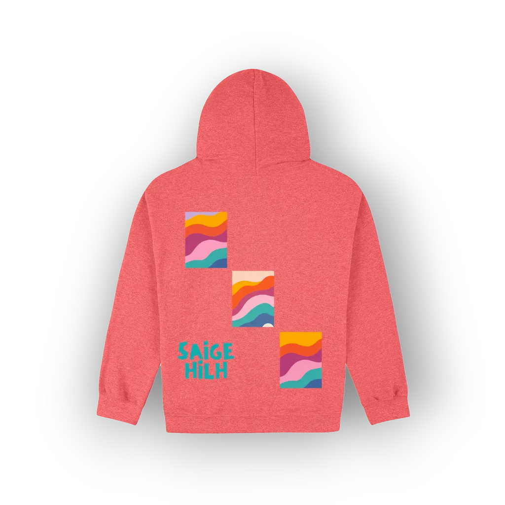 A coral pink heathered hoodie shown from the back, featuring three colourful retro wavy square graphics and the text 'SAIGE HILH' in teal.