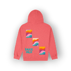 A coral pink heathered hoodie shown from the back, featuring three colourful retro wavy square graphics and the text 'SAIGE HILH' in teal.