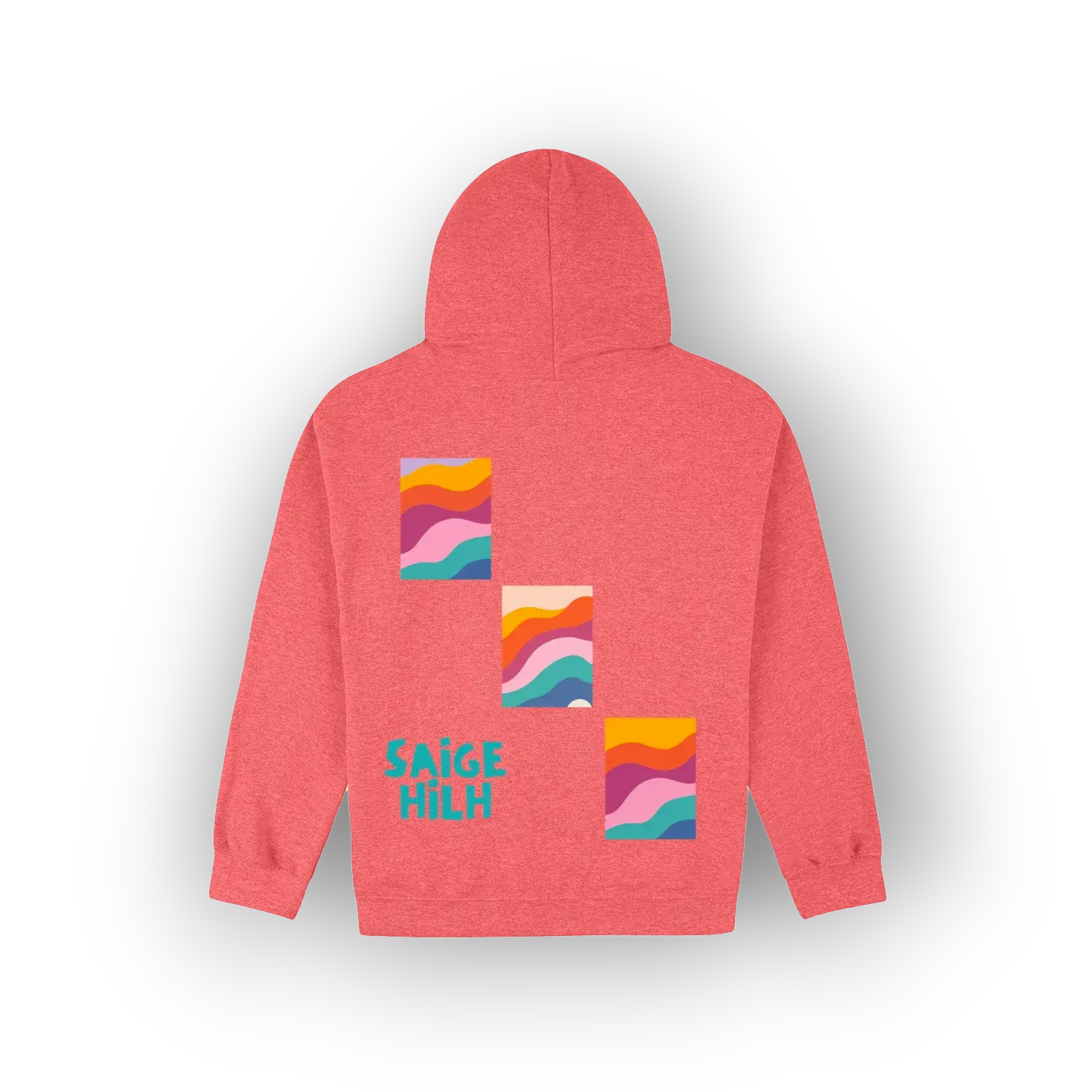 A coral pink heathered hoodie shown from the back, featuring three colourful retro wavy square graphics and the text 'SAIGE HILH' in teal.