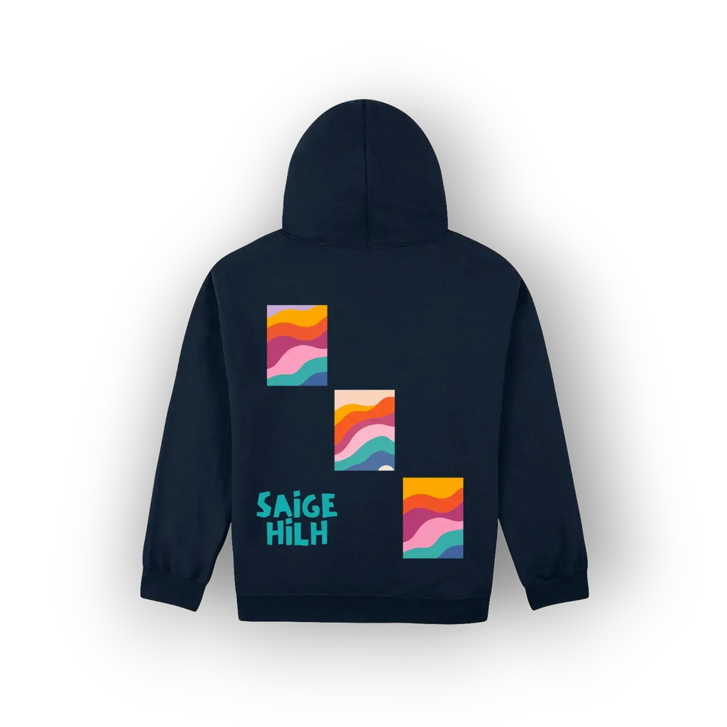 A navy blue hoodie shown from the back, featuring three colorful wavy square graphics and the text 'SAIGE HILH' in teal on the back.