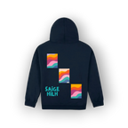 A navy blue hoodie shown from the back, featuring three colorful wavy square graphics and the text 'SAIGE HILH' in teal on the back.