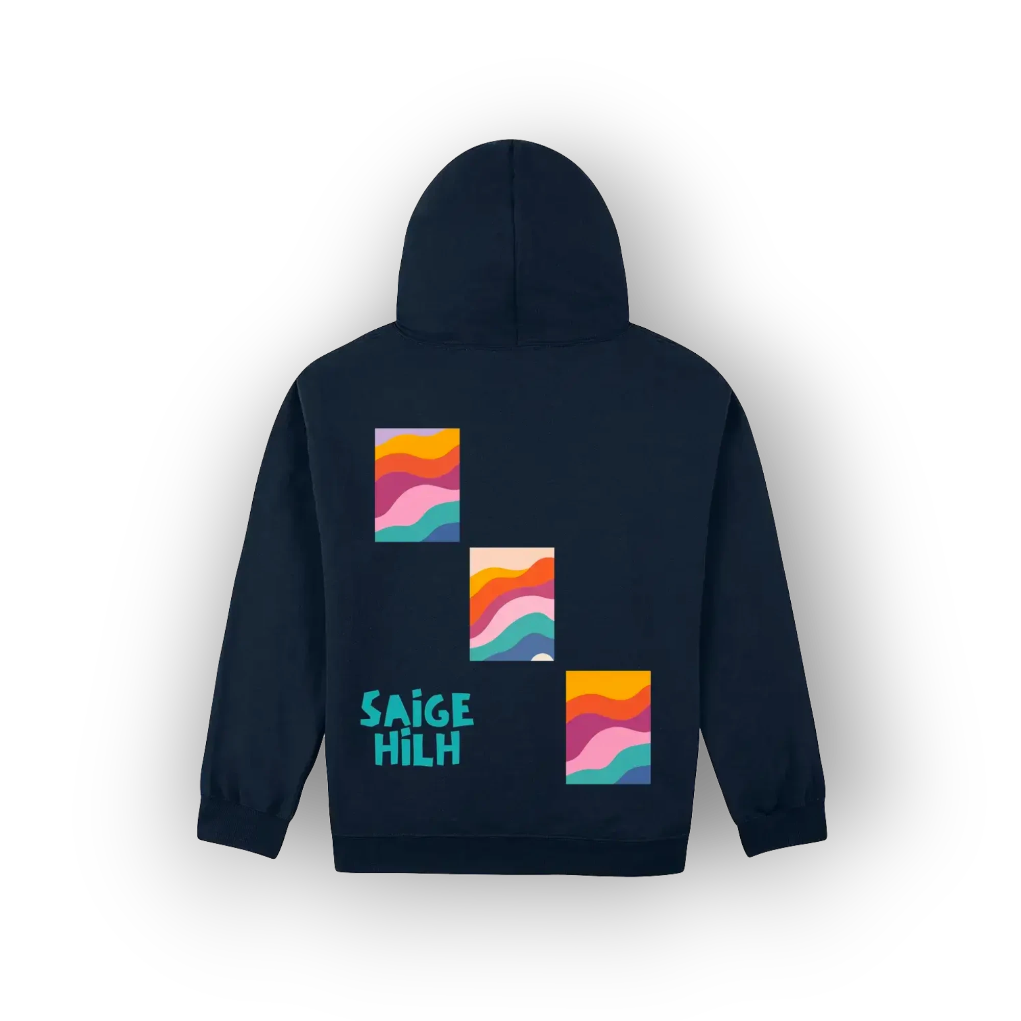 A navy blue hoodie shown from the back, featuring three colorful wavy square graphics and the text 'SAIGE HILH' in teal on the back.