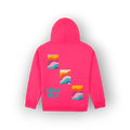 A bright pink hoodie shown from the back, featuring three colourful retro wavy stripe graphic squares and the text 'SAIGE HILH' in teal, set against a clean white background with a soft drop shadow.